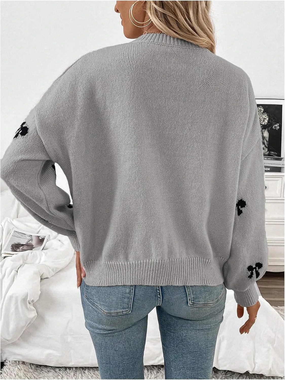 Women's Y2K Bow Print Sweater Crewneck Long Sleeve Drop Shoulder Knit Pullovers Sweaters
