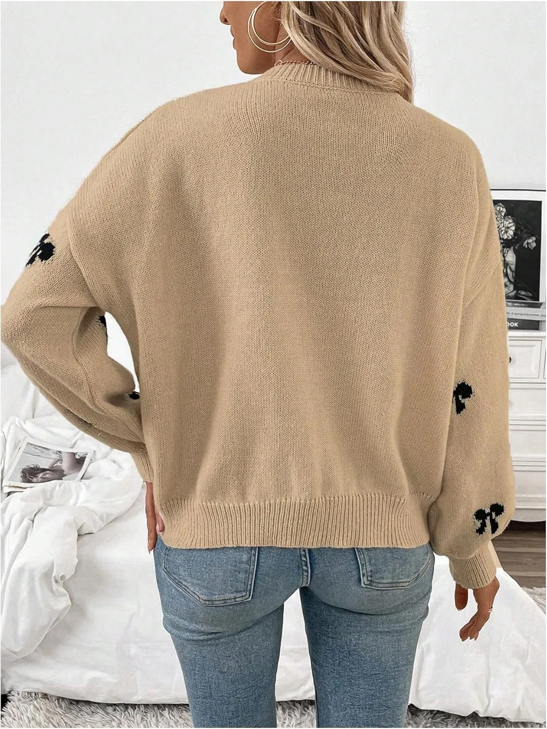 Women's Y2K Bow Print Sweater Crewneck Long Sleeve Drop Shoulder Knit Pullovers Sweaters