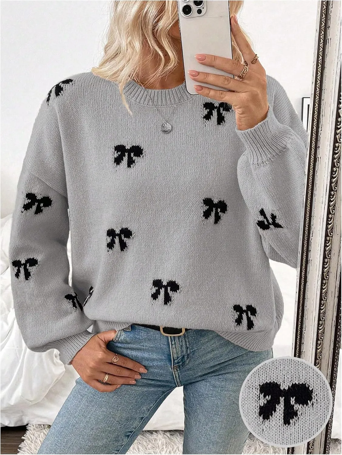 Women's Y2K Bow Print Sweater Crewneck Long Sleeve Drop Shoulder Knit Pullovers Sweaters