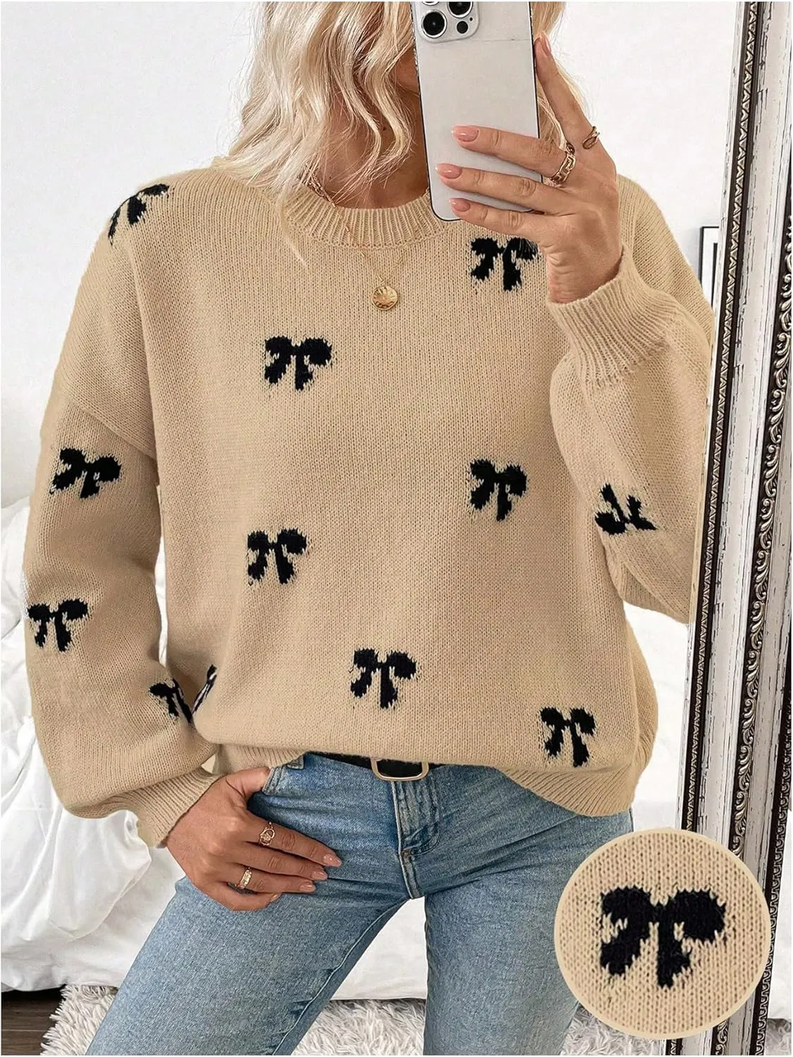 Women's Y2K Bow Print Sweater Crewneck Long Sleeve Drop Shoulder Knit Pullovers Sweaters