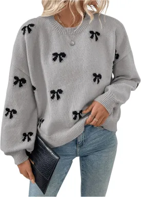 Women's Y2K Bow Print Sweater Crewneck Long Sleeve Drop Shoulder Knit Pullovers Sweaters