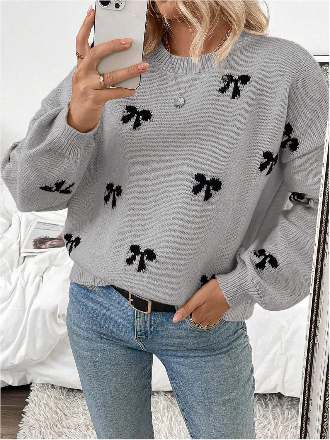 Women's Y2K Bow Print Sweater Crewneck Long Sleeve Drop Shoulder Knit Pullovers Sweaters