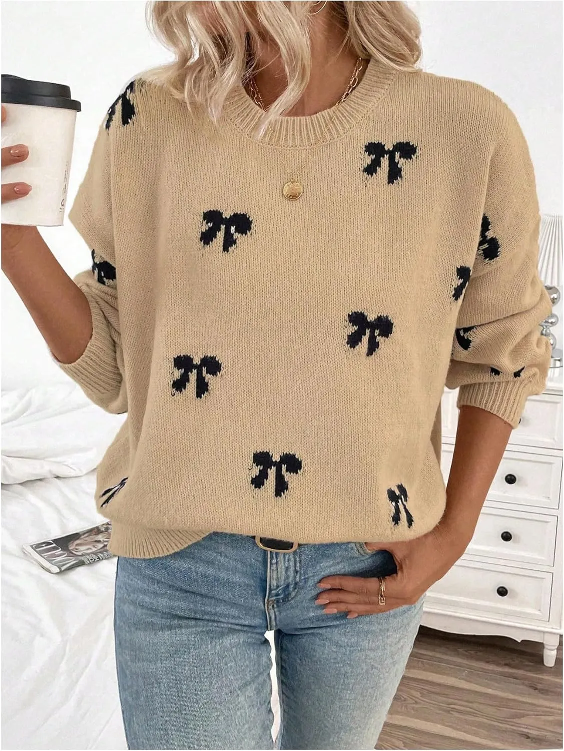 Women's Y2K Bow Print Sweater Crewneck Long Sleeve Drop Shoulder Knit Pullovers Sweaters