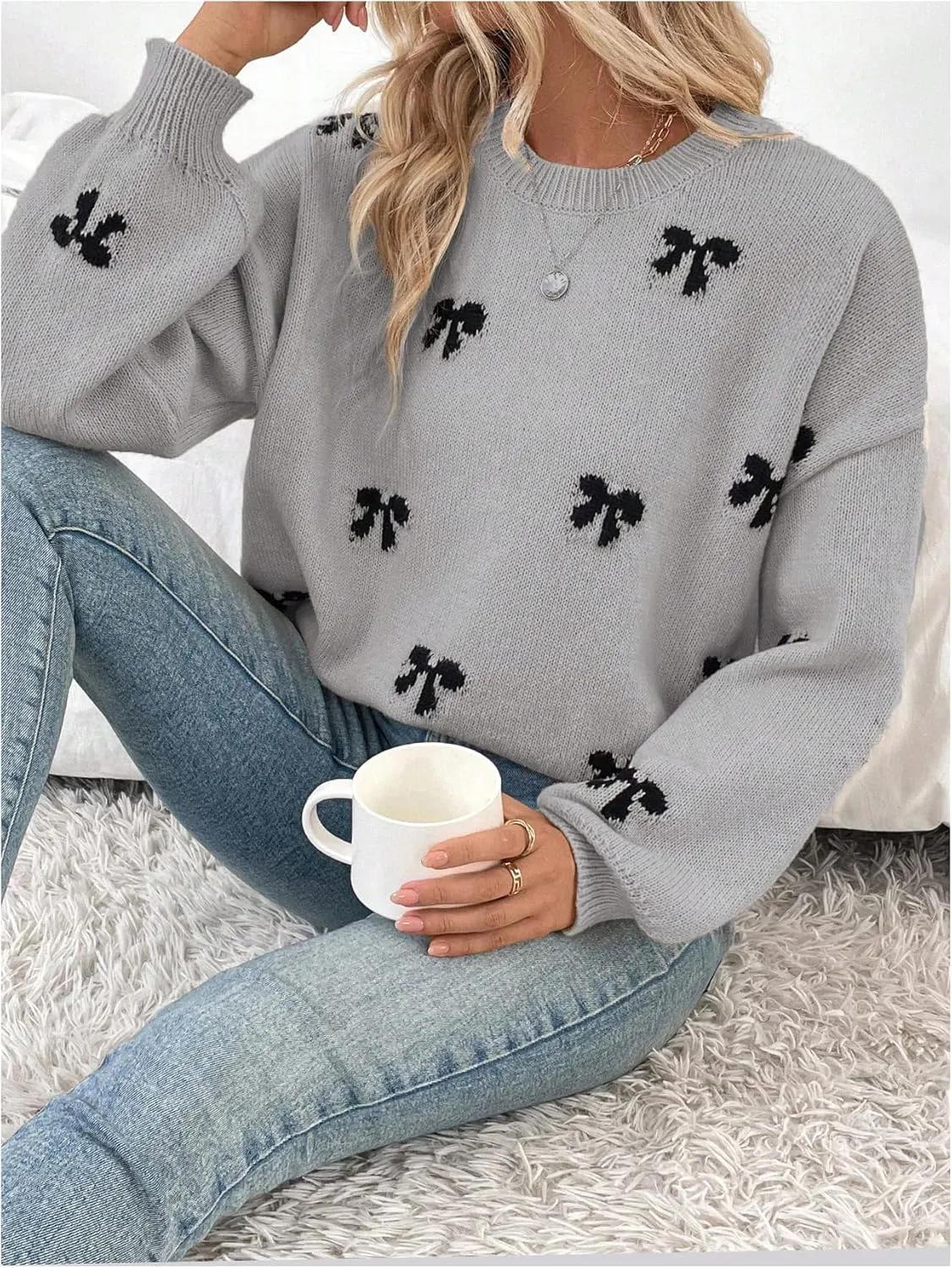 Women's Y2K Bow Print Sweater Crewneck Long Sleeve Drop Shoulder Knit Pullovers Sweaters