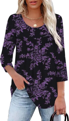 XIEERDUO 3/4 Length Sleeve Womens Tops Crew Neck Pleated Blouses For Women Dressy Casual Tunic Shirts S-3XL