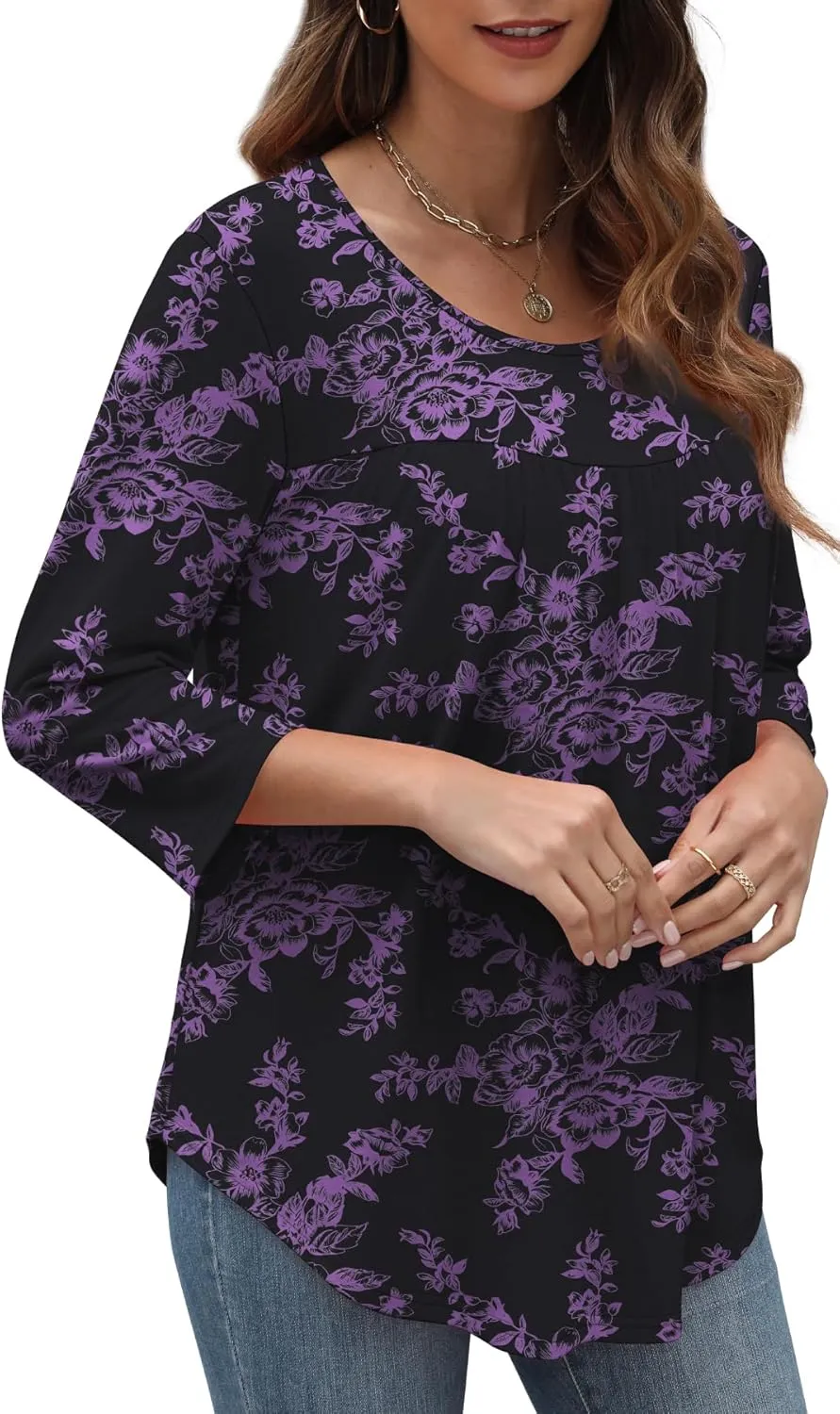 XIEERDUO 3/4 Length Sleeve Womens Tops Crew Neck Pleated Blouses For Women Dressy Casual Tunic Shirts S-3XL