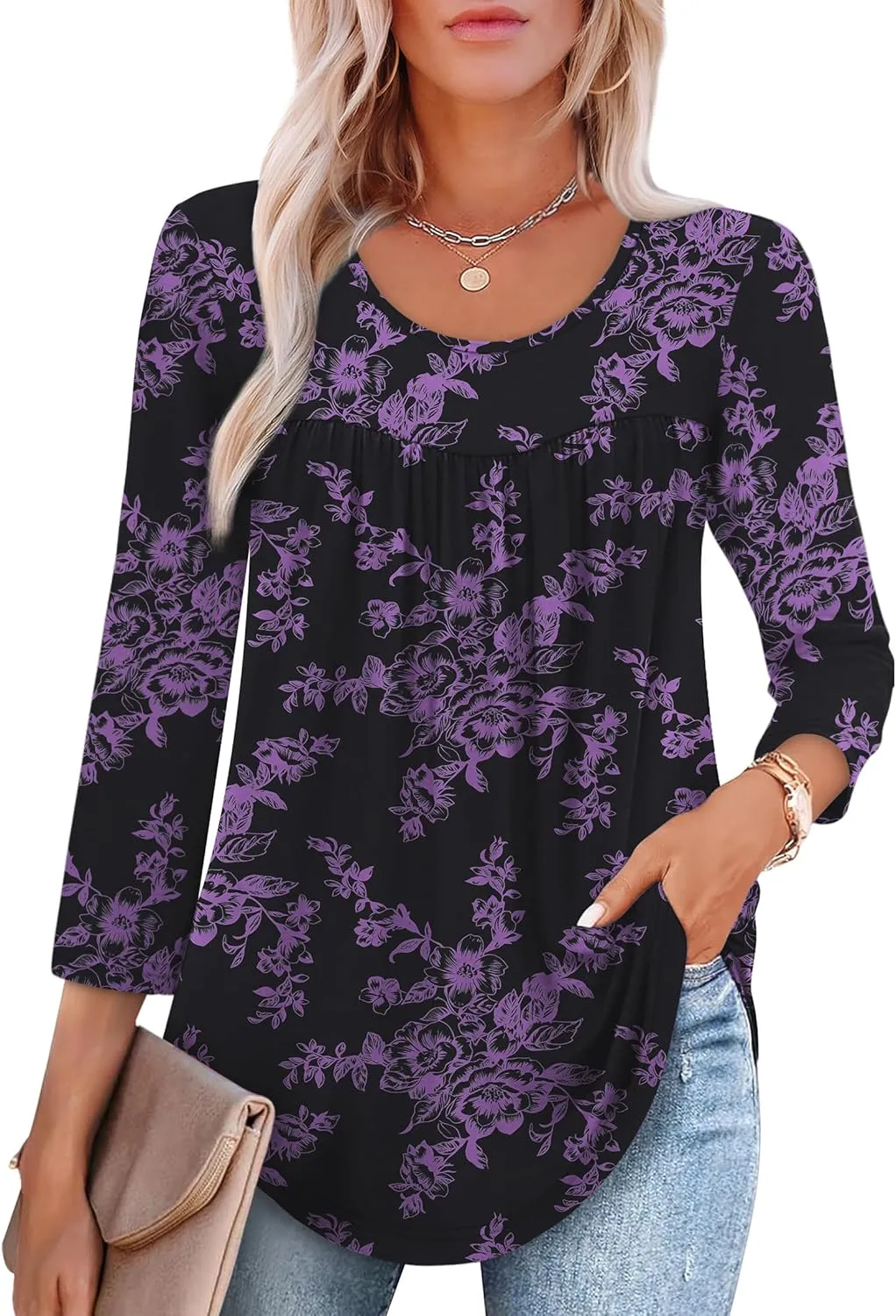 XIEERDUO 3/4 Length Sleeve Womens Tops Crew Neck Pleated Blouses For Women Dressy Casual Tunic Shirts S-3XL