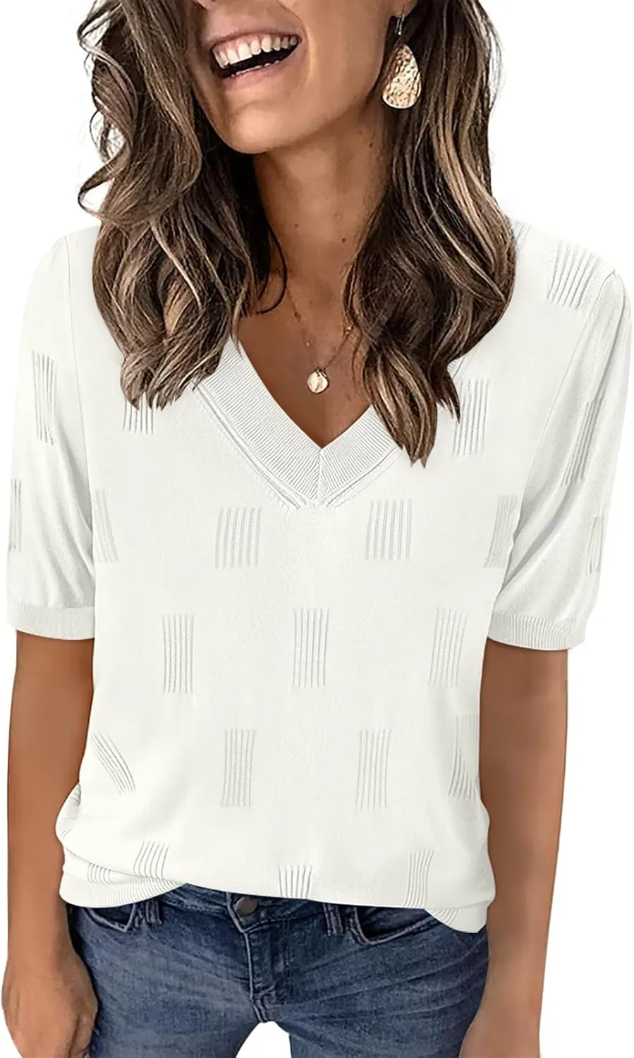 Yincro Womens Short Sleeve Sweaters Fall Summer Tops V Neck Lightweight Knit Pullovers