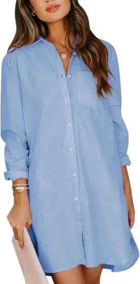 YKR Women's Button Down Shirt Dresses Cotton High Low Tunic Dress Long Sleeve Boyfriend Blouse Shirts with Pockets