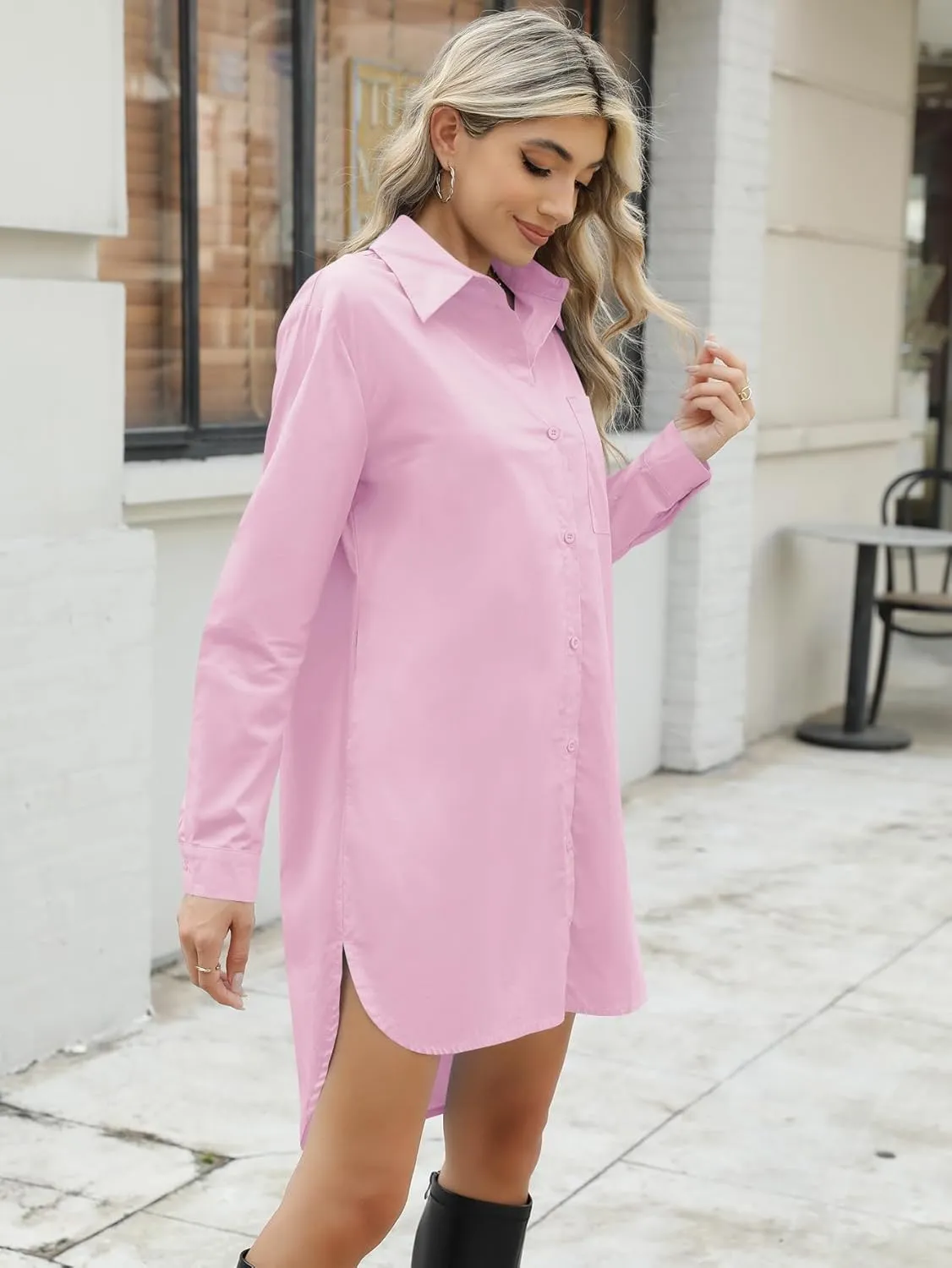 YKR Women's Button Down Shirt Dresses Cotton High Low Tunic Dress Long Sleeve Boyfriend Blouse Shirts with Pockets