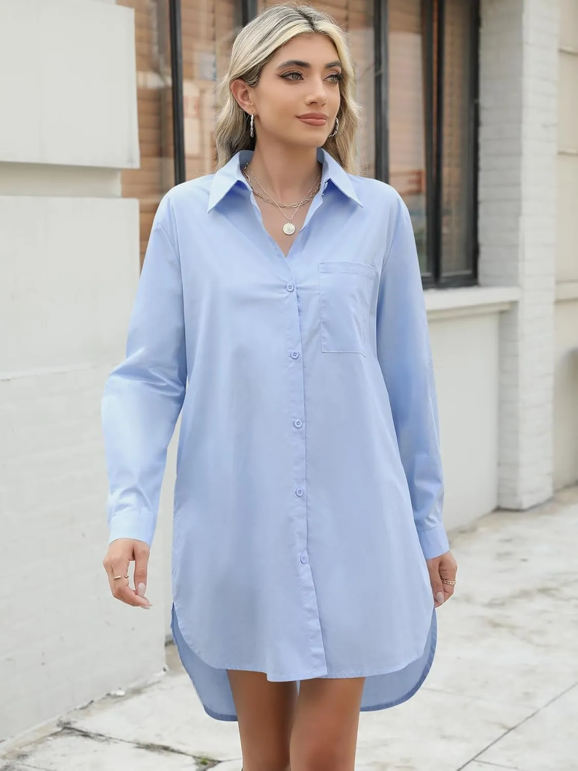YKR Women's Button Down Shirt Dresses Cotton High Low Tunic Dress Long Sleeve Boyfriend Blouse Shirts with Pockets