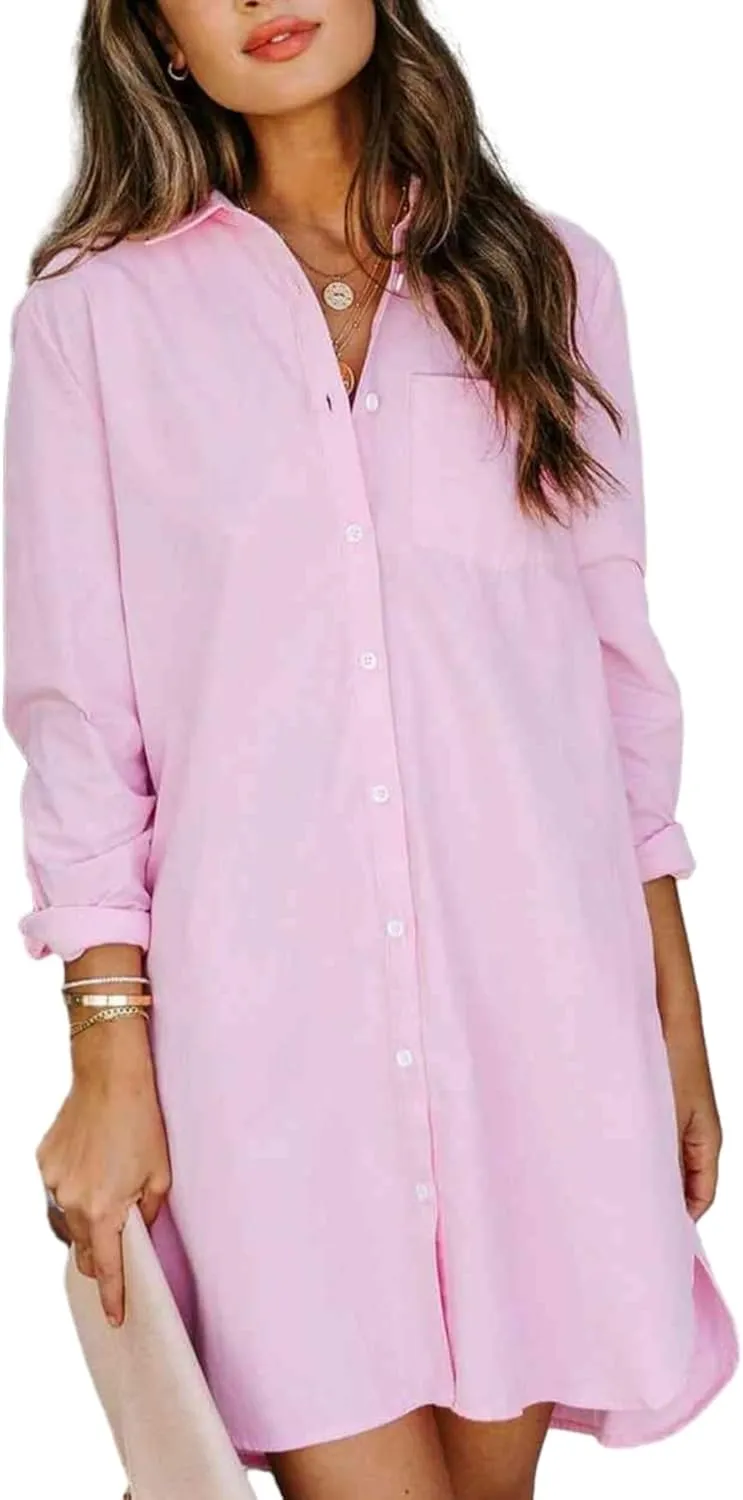 YKR Women's Button Down Shirt Dresses Cotton High Low Tunic Dress Long Sleeve Boyfriend Blouse Shirts with Pockets