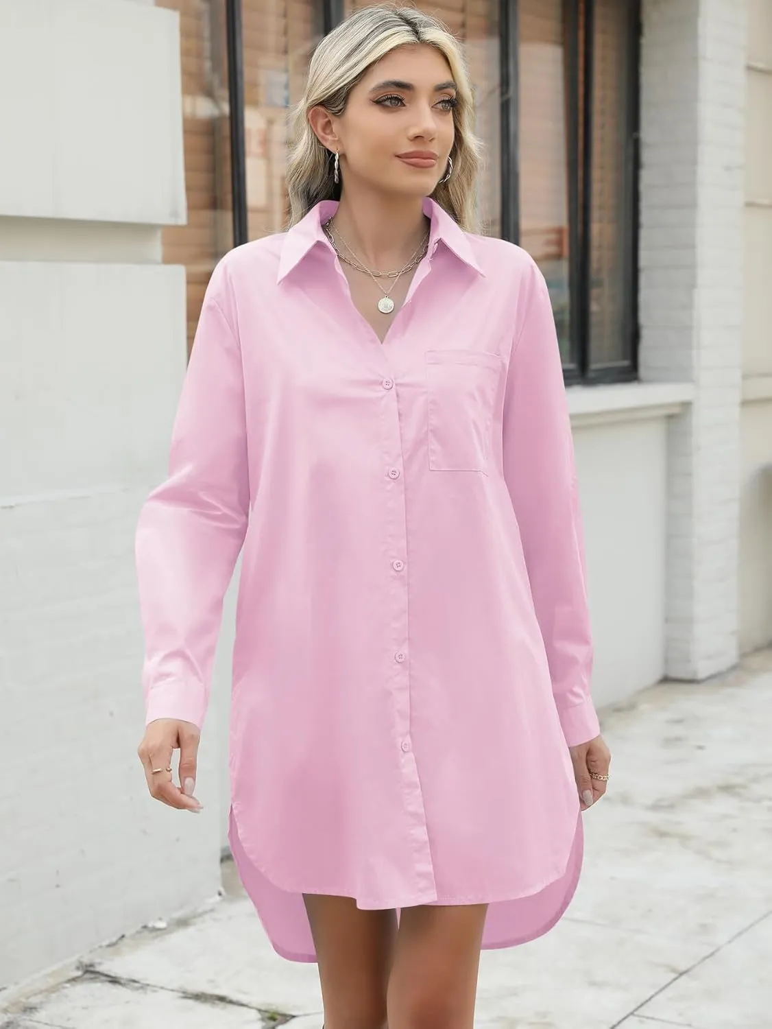 YKR Women's Button Down Shirt Dresses Cotton High Low Tunic Dress Long Sleeve Boyfriend Blouse Shirts with Pockets