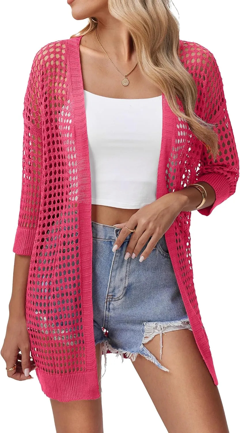 Zeagoo Women's 2025 Summer Crochet Lightweight Cardigan Short Sleeve Boho Kimono Oversized Open Front Sweater Tops