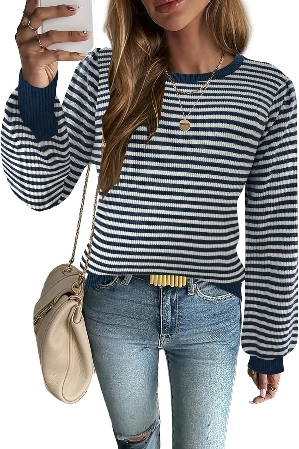 Zeagoo Womens Sweaters Fall 2024 Fashion Trendy Long Sleeve Sweaters Ribbed Knit Winter Outfits Puff Pullover Jumper Tops
