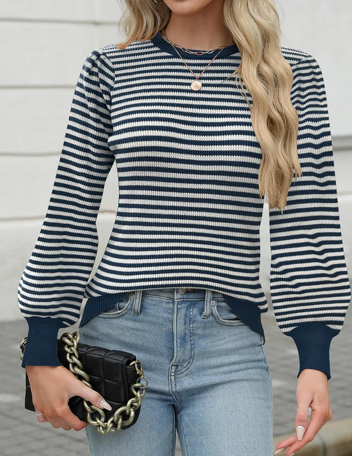 Zeagoo Womens Sweaters Fall 2024 Fashion Trendy Long Sleeve Sweaters Ribbed Knit Winter Outfits Puff Pullover Jumper Tops