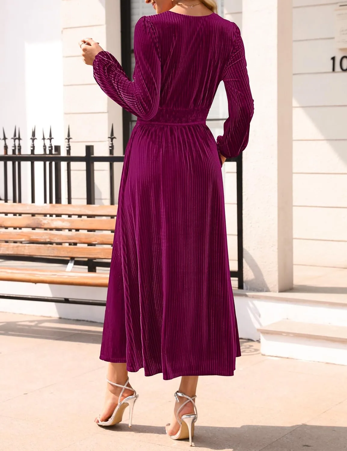 ZESICA Women's Velvet Midi Dress Casual V Neck Long Sleeve Solid Color Elastic High Waist Flowy Evening Party Dresses
