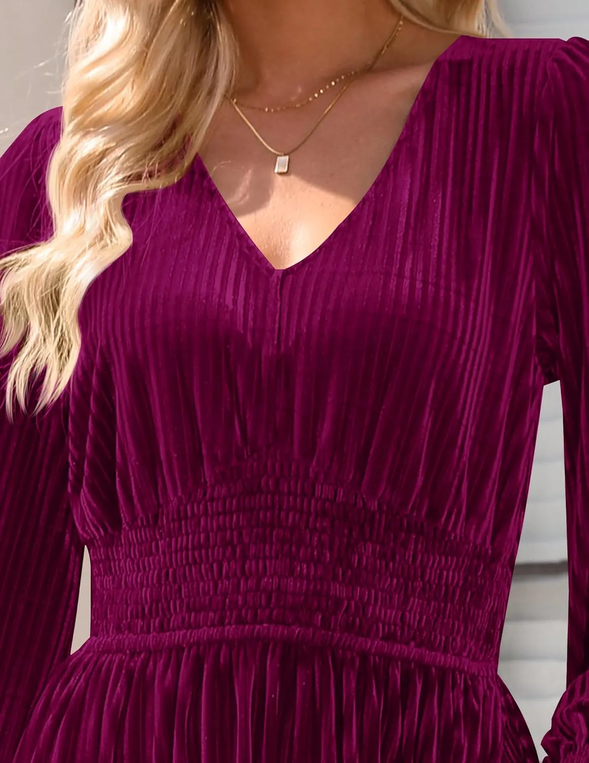 ZESICA Women's Velvet Midi Dress Casual V Neck Long Sleeve Solid Color Elastic High Waist Flowy Evening Party Dresses