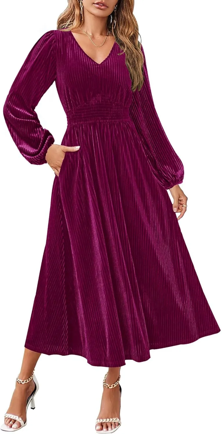 ZESICA Women's Velvet Midi Dress Casual V Neck Long Sleeve Solid Color Elastic High Waist Flowy Evening Party Dresses