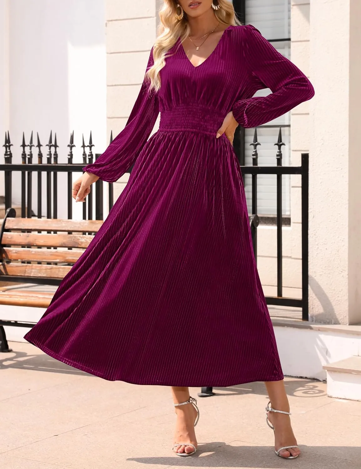 ZESICA Women's Velvet Midi Dress Casual V Neck Long Sleeve Solid Color Elastic High Waist Flowy Evening Party Dresses
