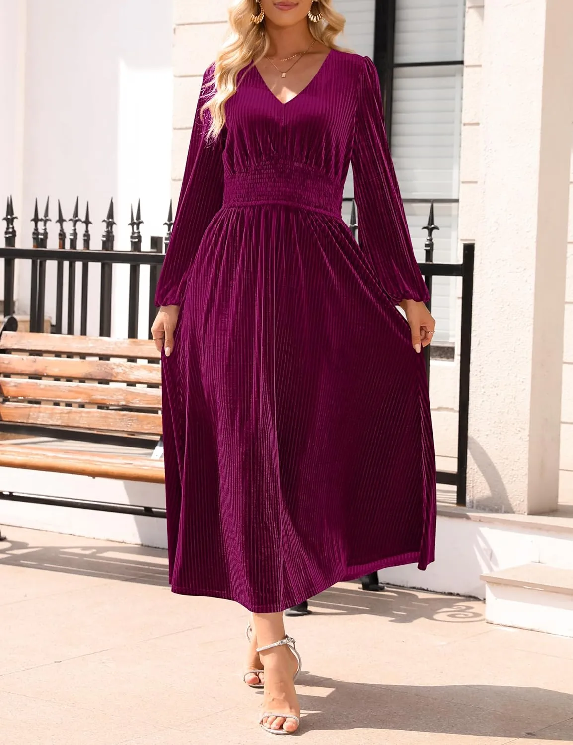 ZESICA Women's Velvet Midi Dress Casual V Neck Long Sleeve Solid Color Elastic High Waist Flowy Evening Party Dresses