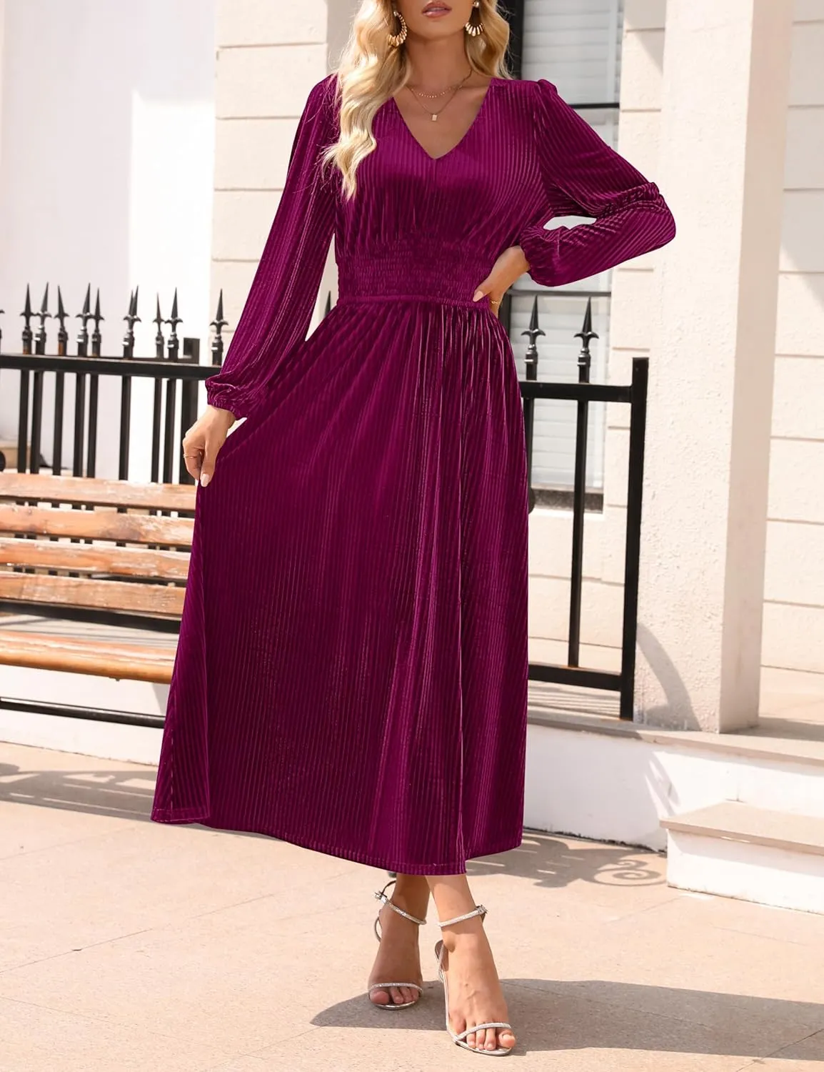 ZESICA Women's Velvet Midi Dress Casual V Neck Long Sleeve Solid Color Elastic High Waist Flowy Evening Party Dresses