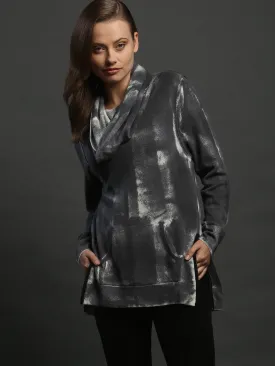 Zipper Trimmed Hand Painted Cowlneck Pullover in Inner Mongolia Cashmere