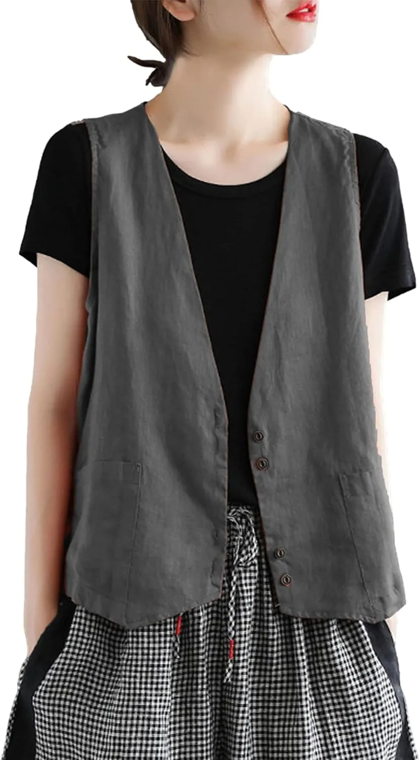 Zontroldy Womens Cotton Linen Vest Casual Loose V Neck Sleeveless Vests Jacket Blazer Waistcoat with Pockets
