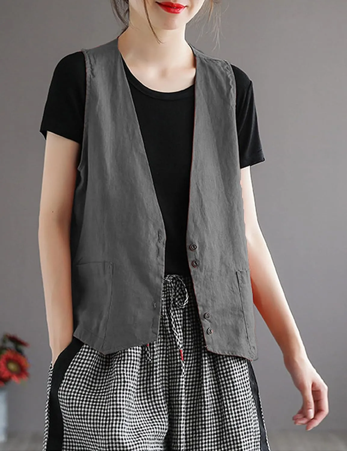 Zontroldy Womens Cotton Linen Vest Casual Loose V Neck Sleeveless Vests Jacket Blazer Waistcoat with Pockets